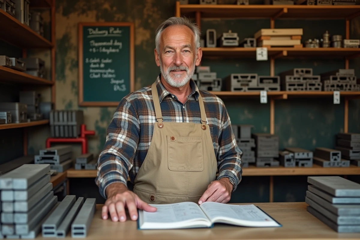 Marchand de fer au détail présentant un catalogue de produits en acier dans une quincaillerie