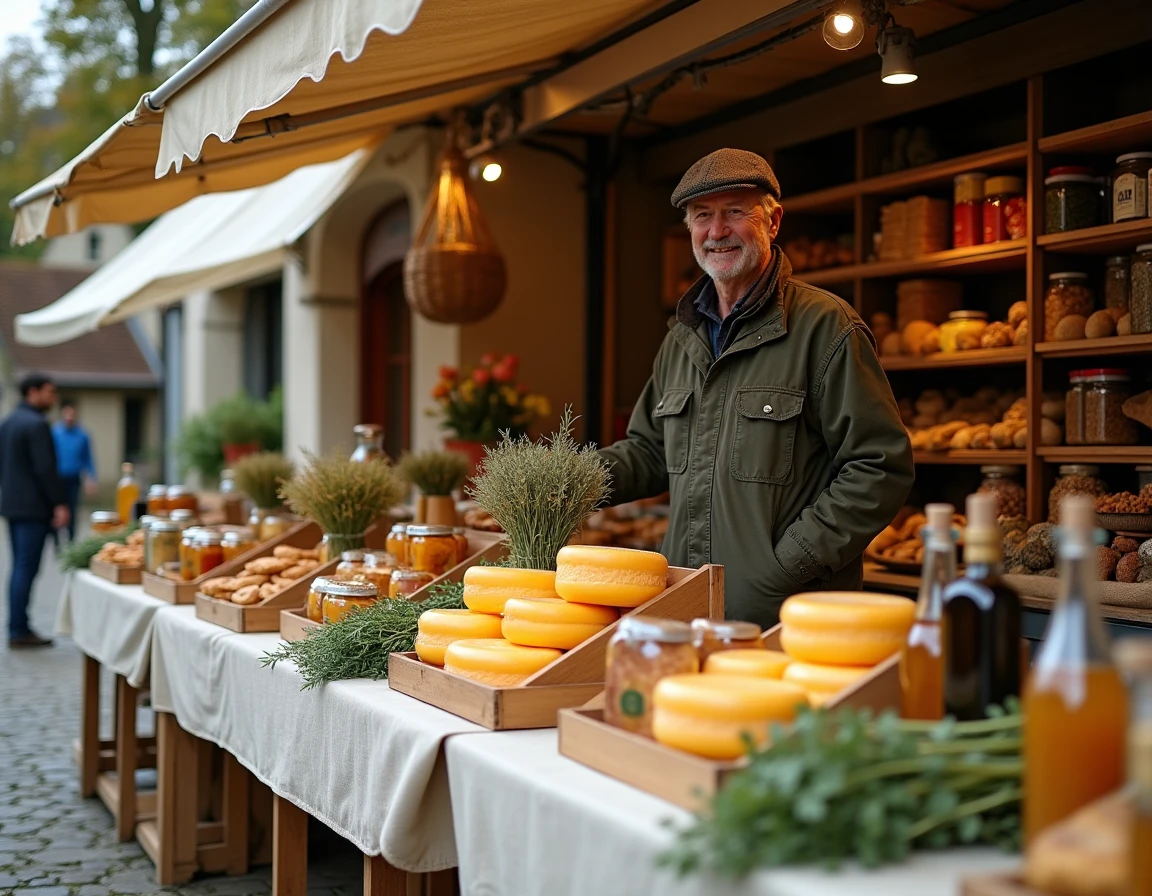 Marché local à Terrerie en Normandie avec spécialités régionales camembert cidre et calvados