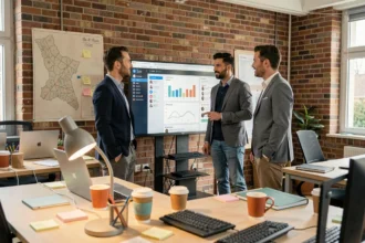 Équipe d'une agence de marketing digital réunie autour d'un tableau de bord analytique dans un bureau moderne à Rennes, Ille-et-Vilaine