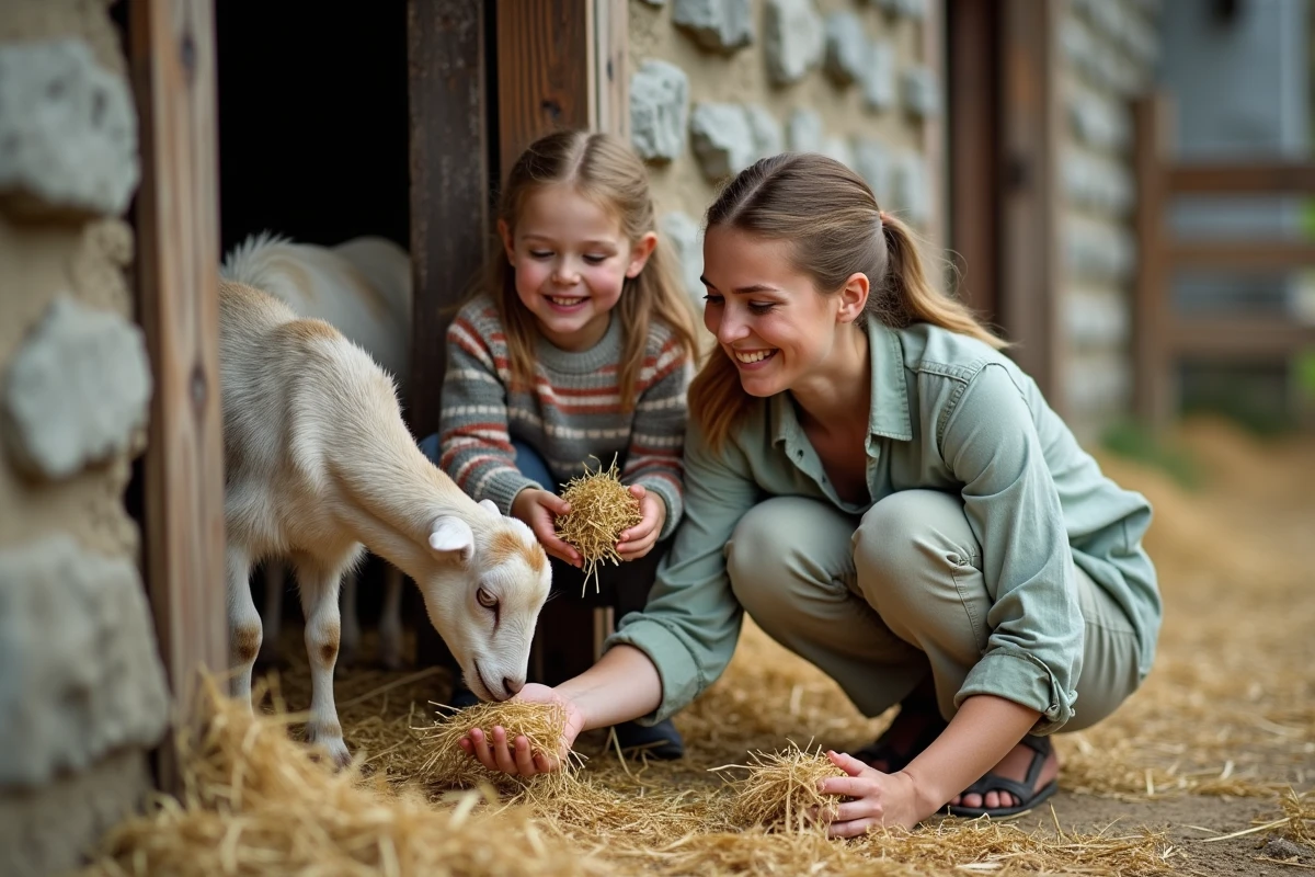 Mère et fille nourrissant une chèvre à travers une clôture en bois à la Ferme du Fays