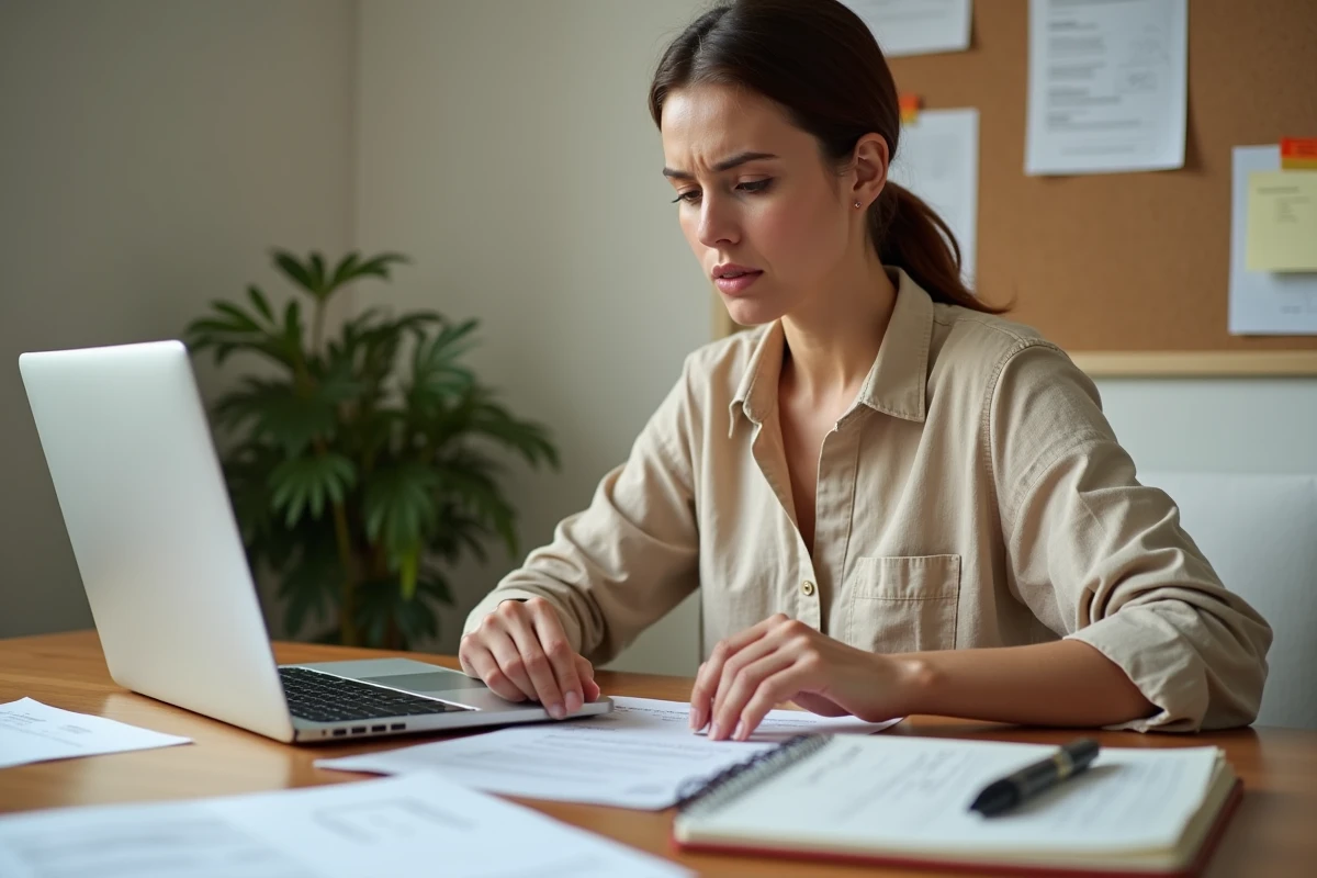 Micro-entrepreneuse vérifiant ses déclarations administratives sur un ordinateur portable dans son bureau à domicile, évitant les erreurs courantes sur guide-tns.fr