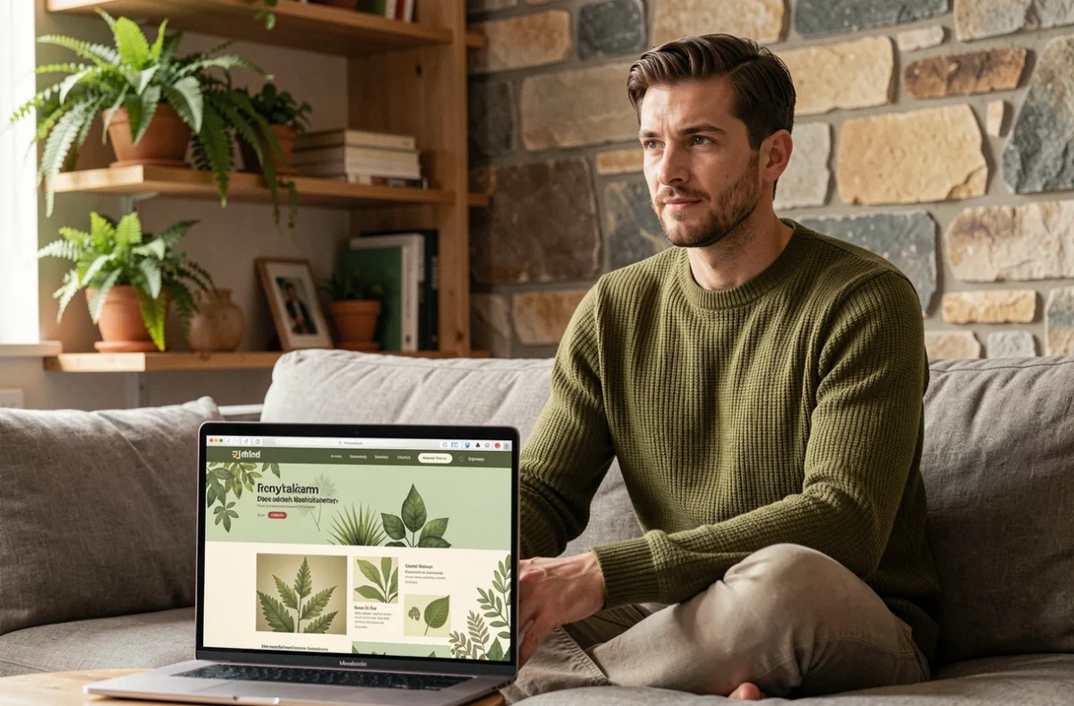 Développeur web de Natural-net travaillant sur des designs de sites inspirés de la nature dans un espace de travail chaleureux