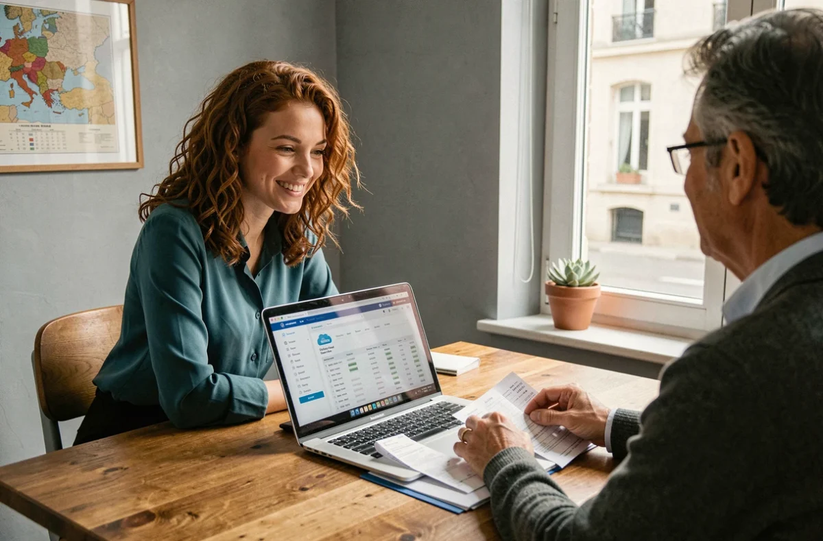 Jeune experte-comptable de Neria Compta en entretien avec un artisan client dans un bureau chaleureux