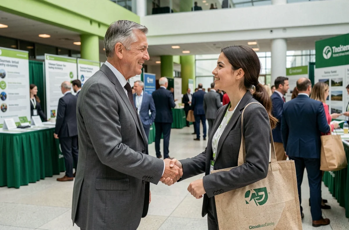 Deux professionnels échangeant lors d'un événement de networking dédié aux éco-industries régionales, illustrant les opportunités du réseau sectoriel