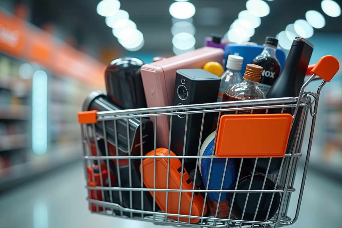 Panier de courses rempli de produits tendance et électroniques