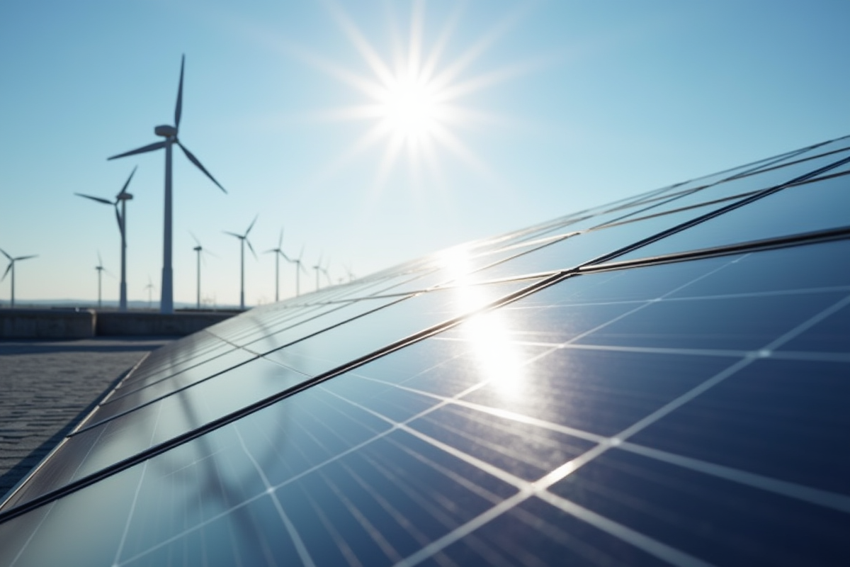 Focale sur des panneaux solaires sur un toit moderne avec éoliennes