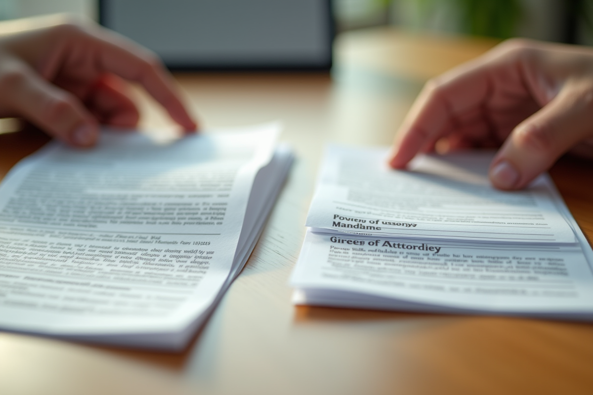 Mains atteignant des piles de papiers Mandat et Pouvoir sur une table en bois