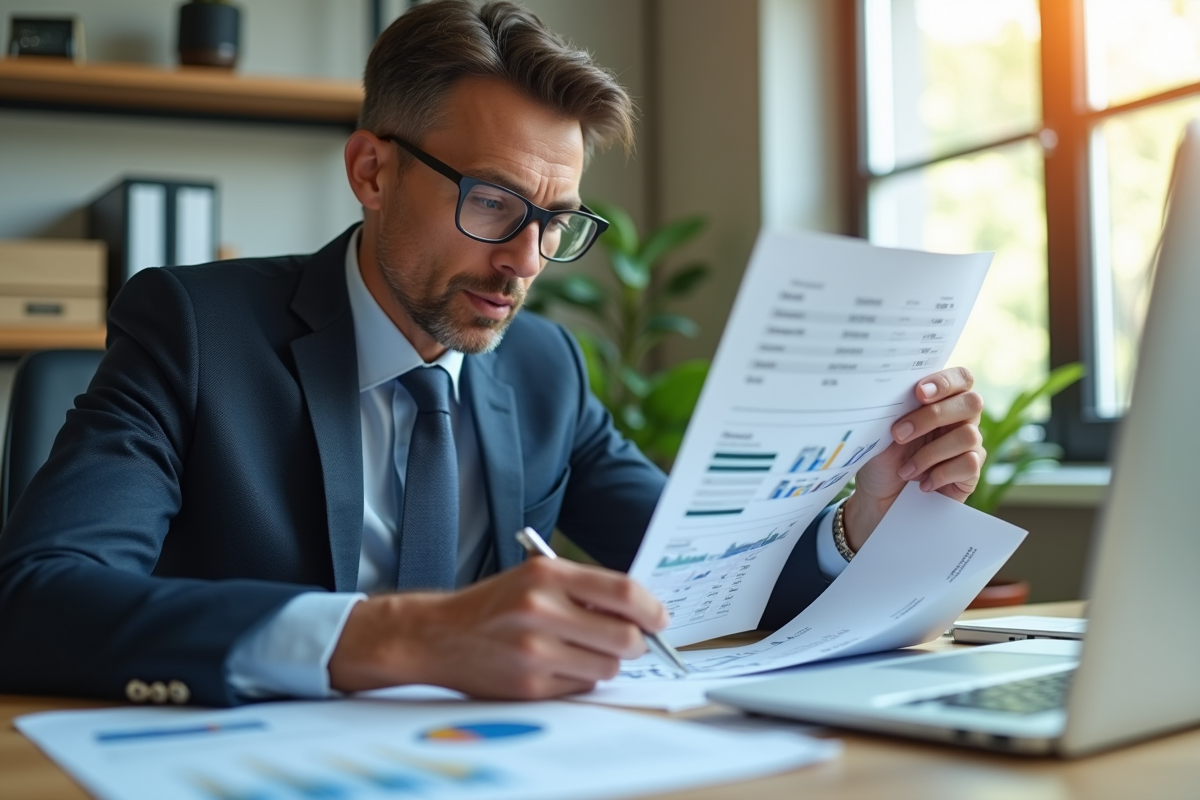 Professionnel en affaires examinant des documents financiers