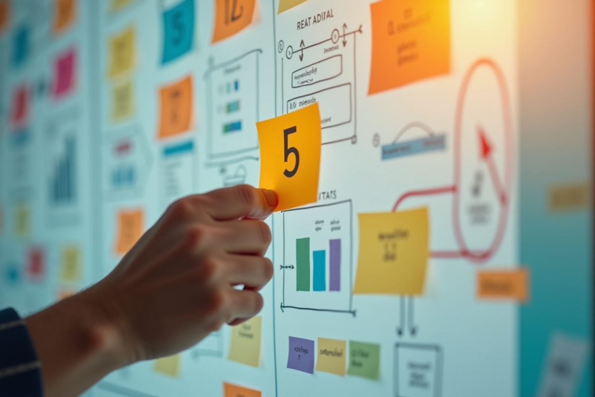 Main posant une note sur un tableau de diagrammes marketing colorés