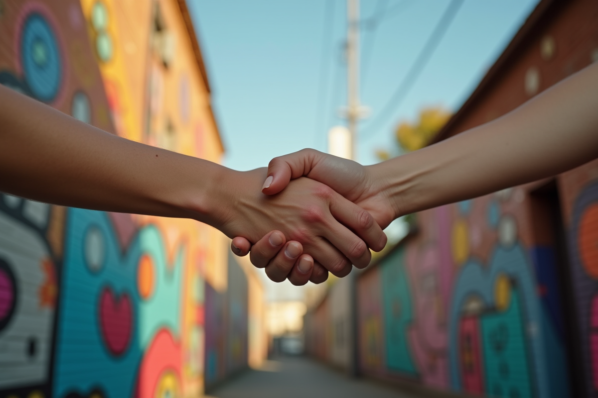 Deux personnes se serrant la main devant un mur coloré