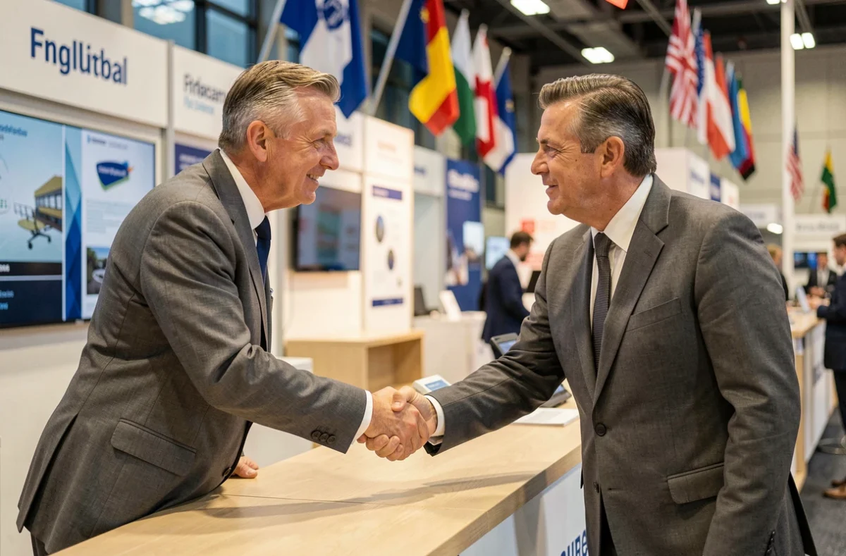 Homme d'affaires serrant la main d'un partenaire commercial lors d'un salon international avec stands en arrière-plan