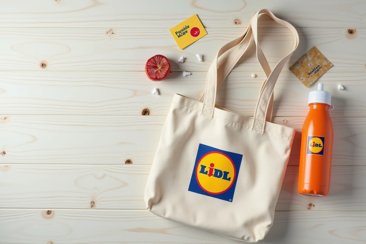 Vue aérienne d'une composition de produits dérivés Lidl avec logo iconique rouge bleu et jaune sur table en bois blanc