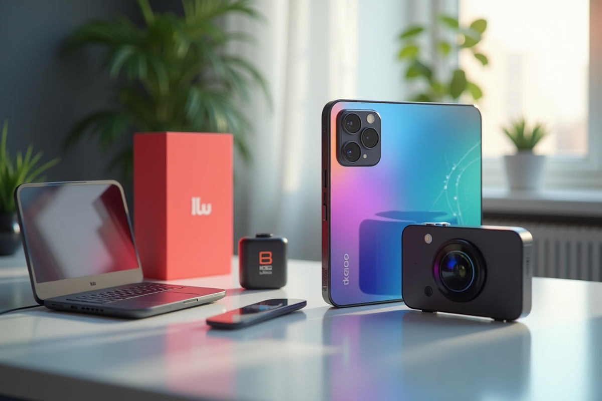 Gros plan sur produits technologiques et emballages colorés