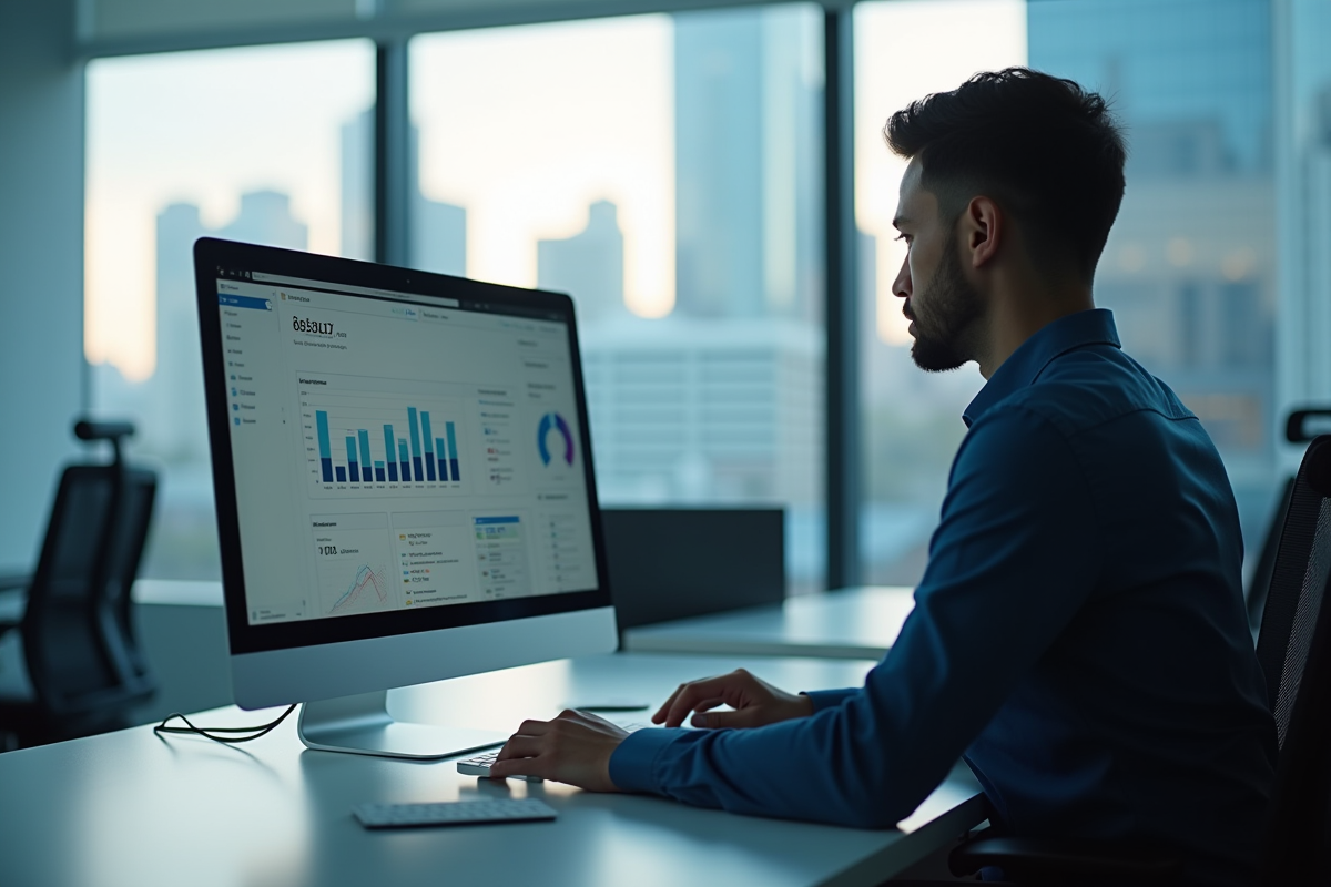 Professionnel marketing concentré sur un écran d