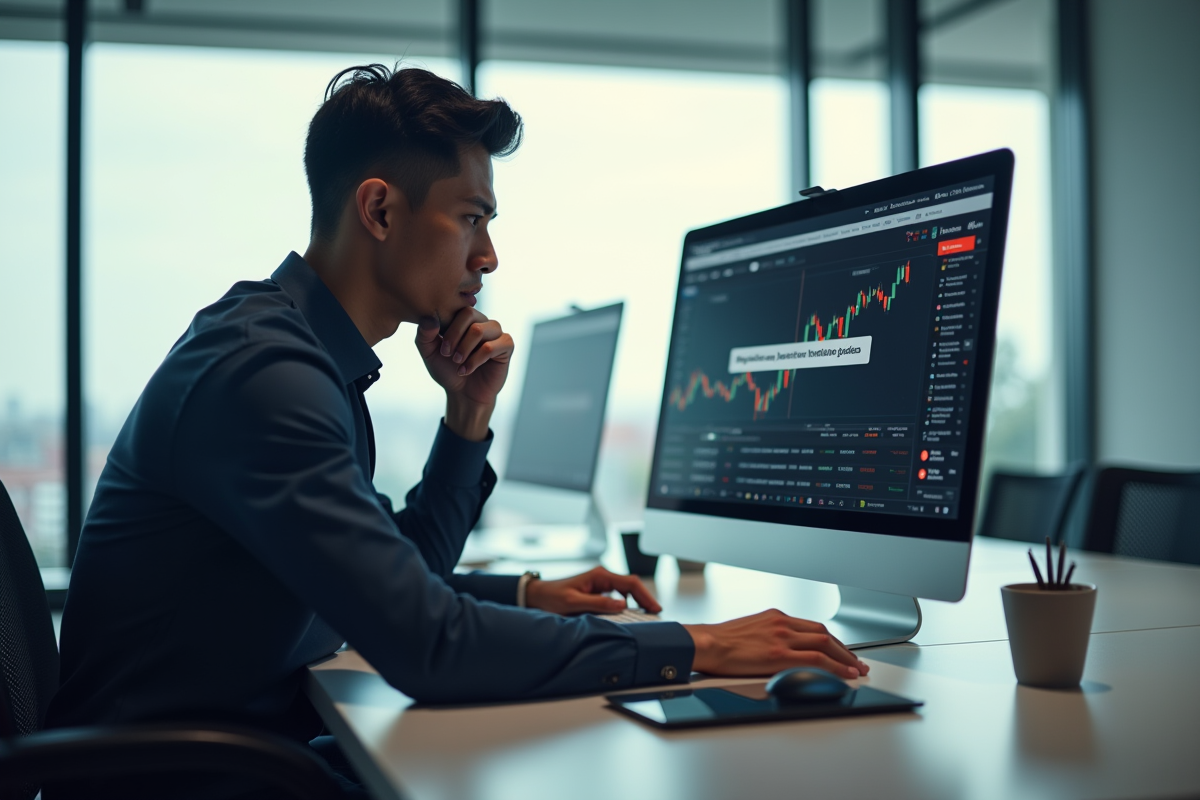 Professionnel au bureau regardant un site financier sur son ordinateur