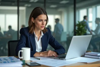 Professionnelle en entreprise consultant un abonnement B2B sur son ordinateur dans un bureau moderne