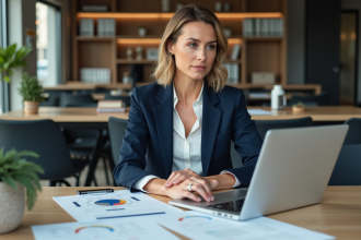 Femme en blazer navy travaillant sur RSS dans un bureau moderne