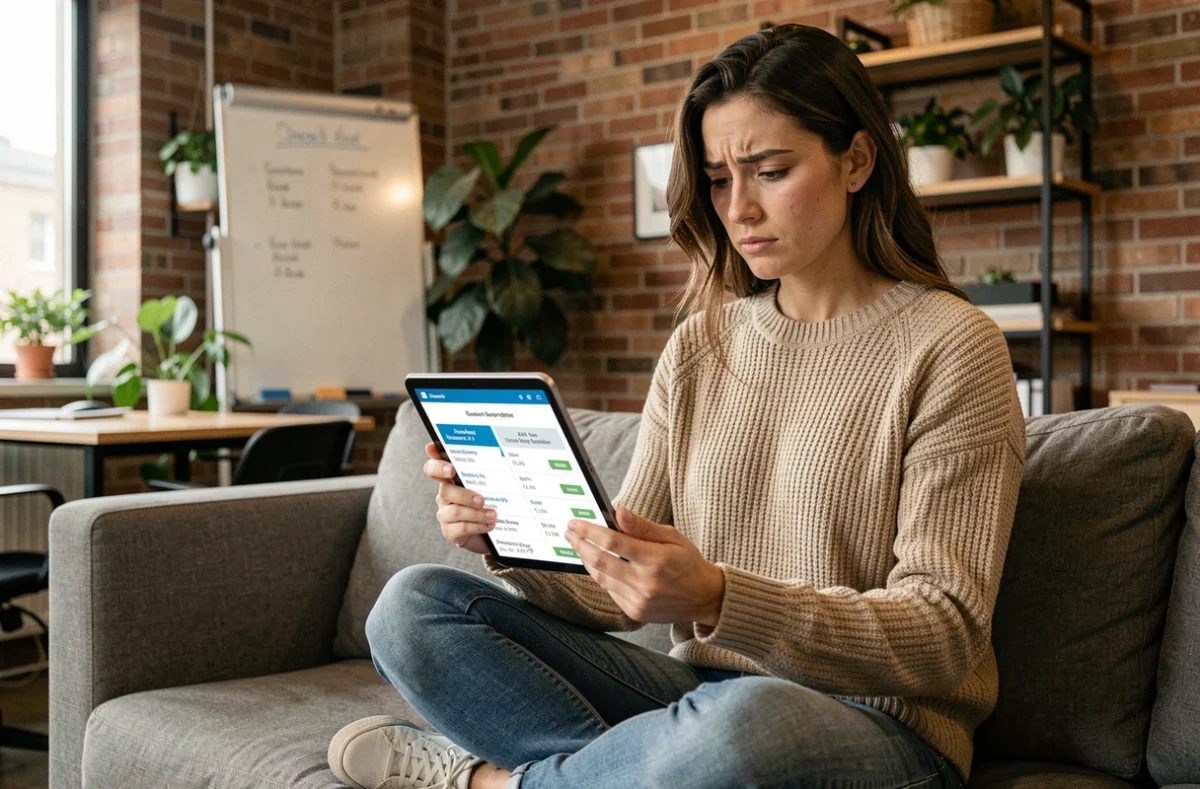 Professionnelle du marketing comparant les prix d'outils IA sur tablette pour optimiser son budget