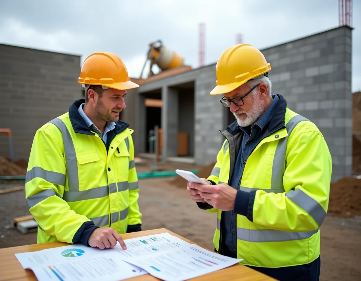 Deux professionnels du bâtiment examinant ensemble les coûts et les marges d'une affaire sur un chantier de construction