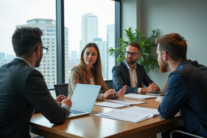 Quatre professionnels en r&eacute;union dans un bureau moderne