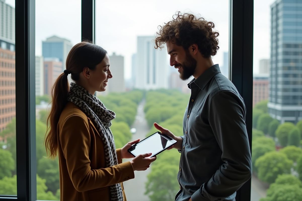 Deux professionnels discutant devant une fenêtre urbaine
