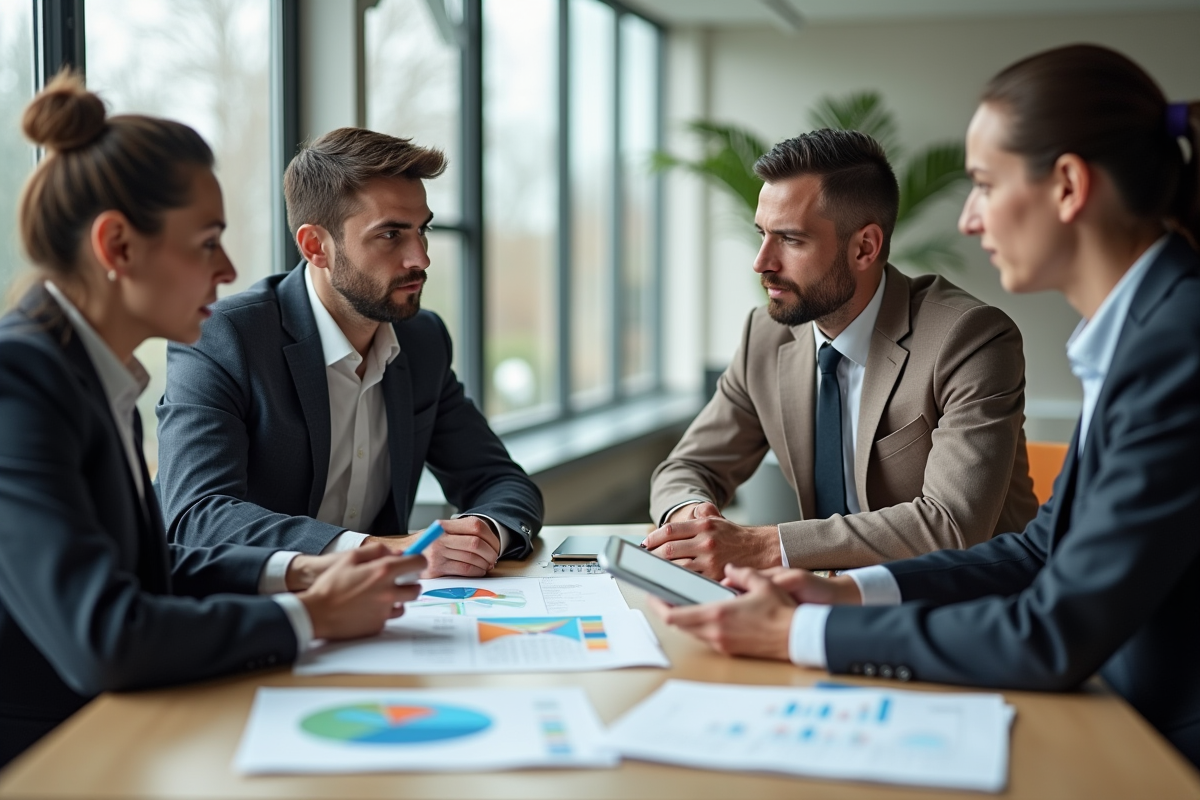 Groupe de professionnels marketing en réunion dans un bureau lumineux