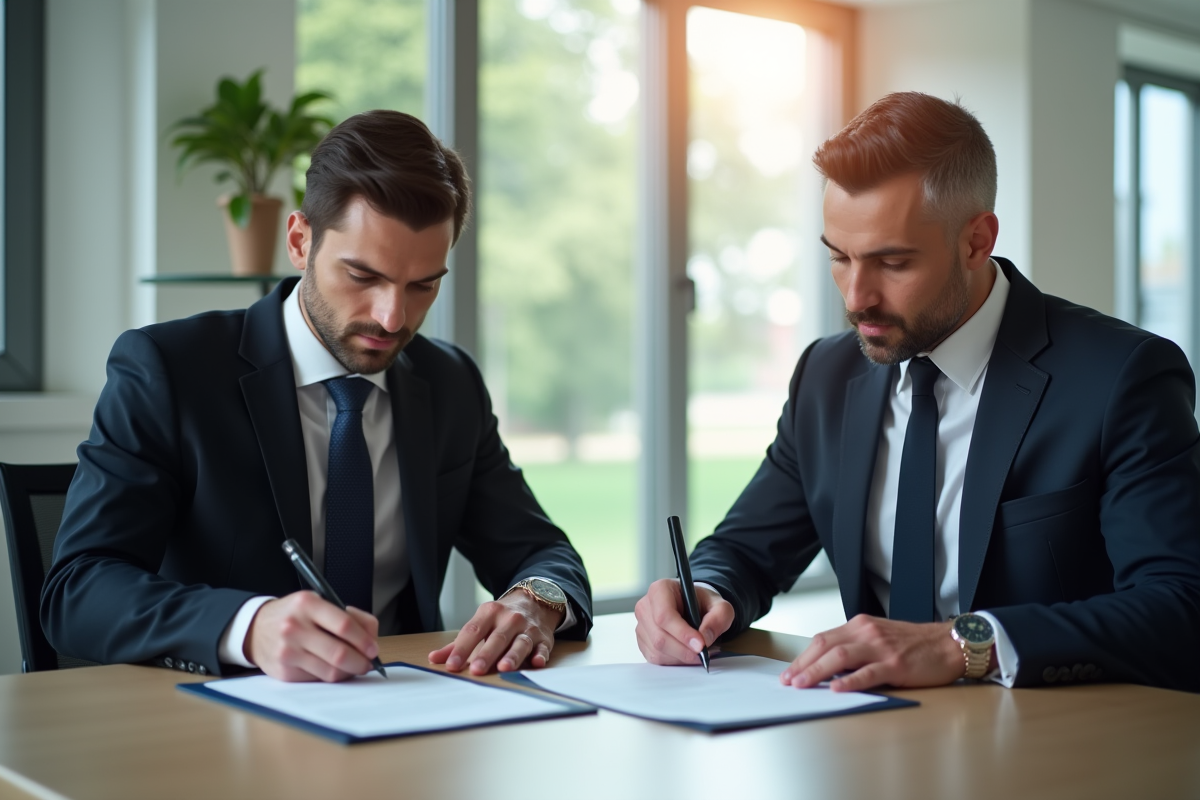 Deux professionnels signant des documents juridiques dans un bureau lumineux