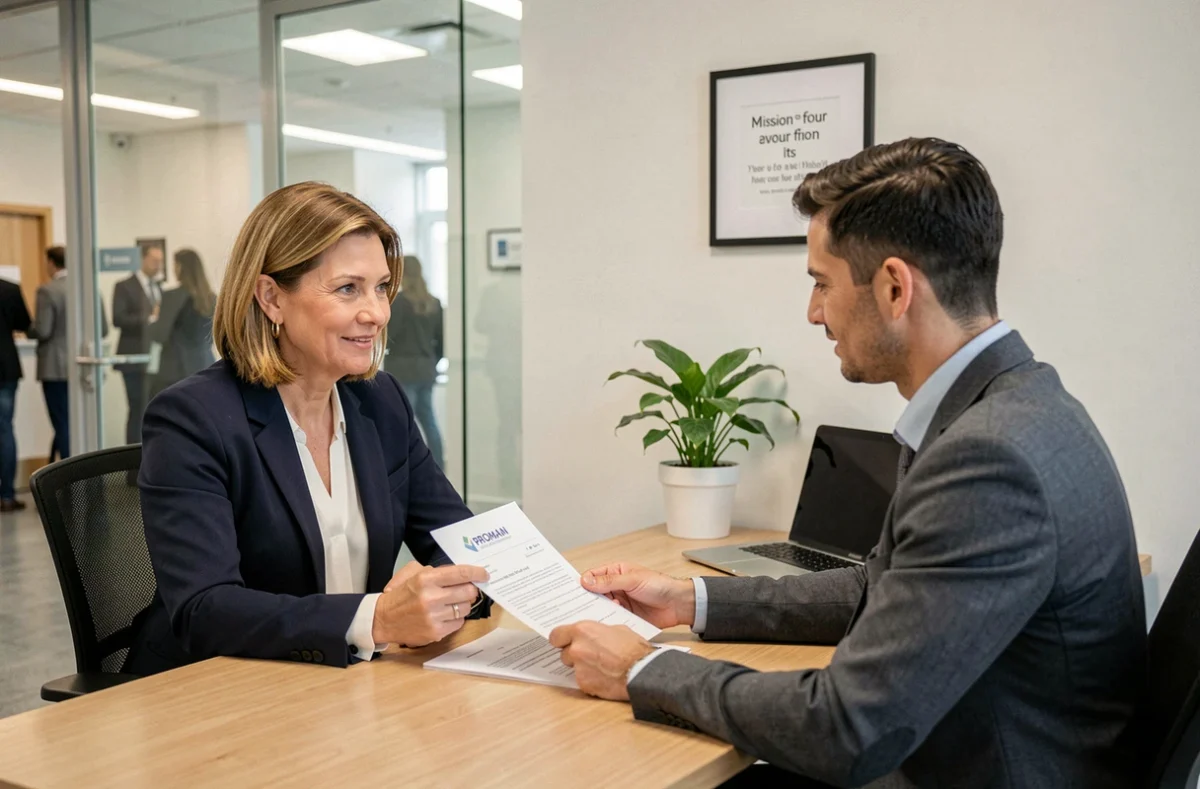Conseillère Proman recevant un candidat en entretien dans une agence d'intérim professionnelle