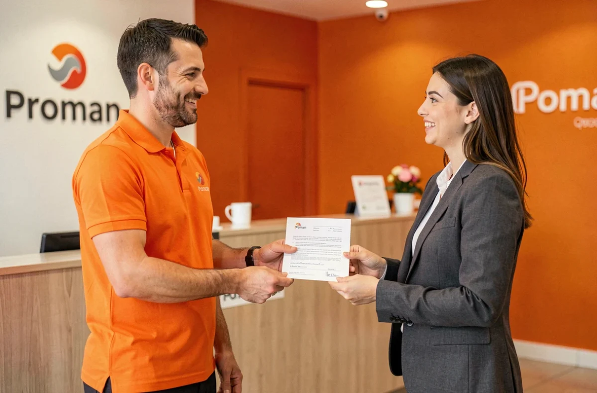 Recruteur de l'agence Proman à Marseille remettant un contrat de mission à une candidate