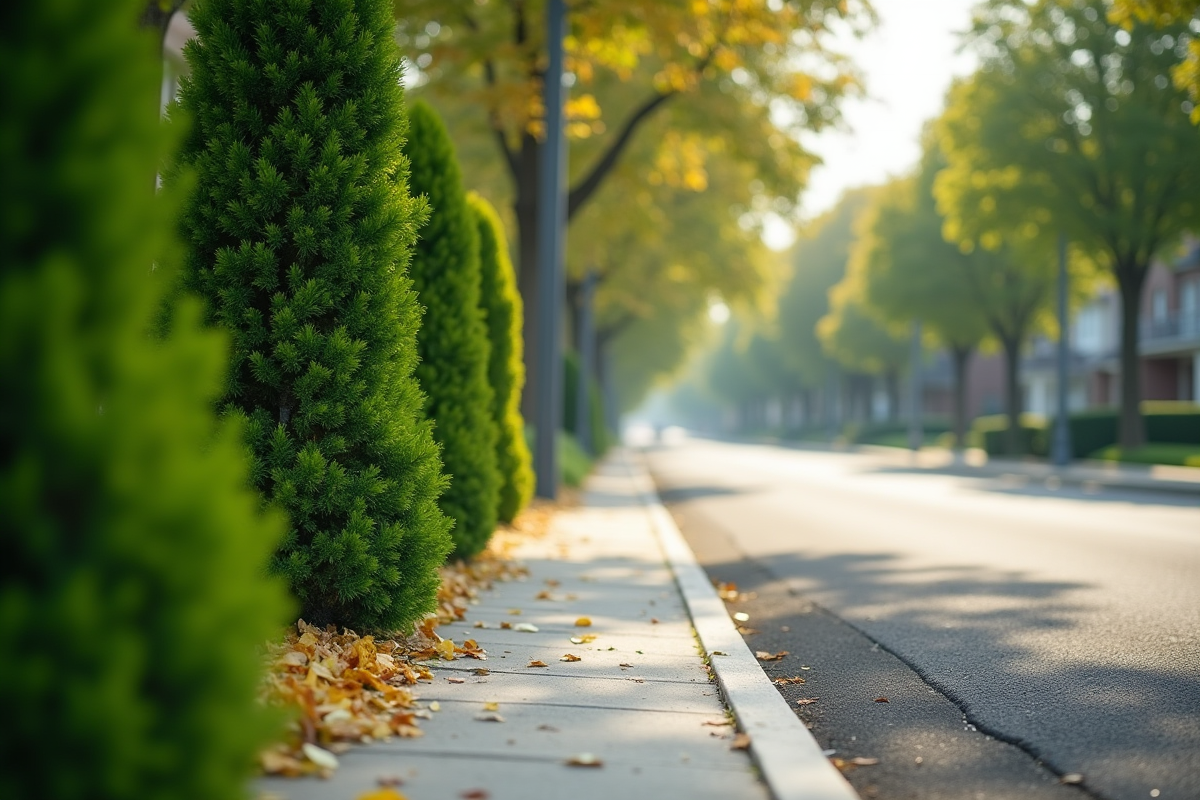 Ruelle calme avec trottoir bordé de verdure et route bien entretenue