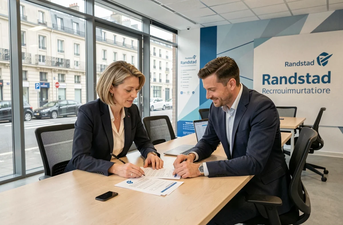 Équipe Randstad collaborant autour de CVs dans une agence d'intérim moderne avec vue urbaine