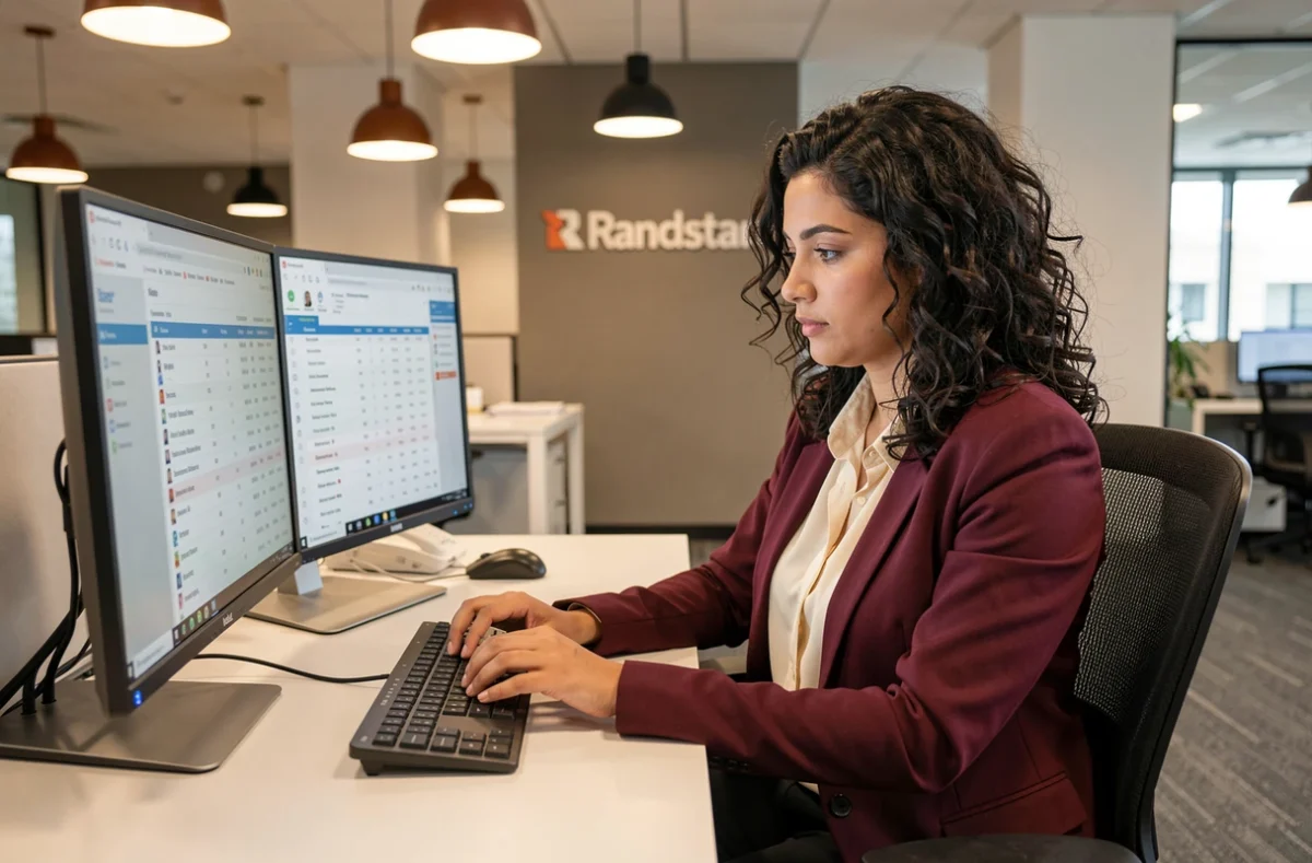 Consultante RH de l'agence Randstad à Marseille travaillant sur une base de données de candidats