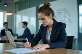 Responsable RH rédigeant une note de service interne en situation de crise dans une salle de réunion d'entreprise