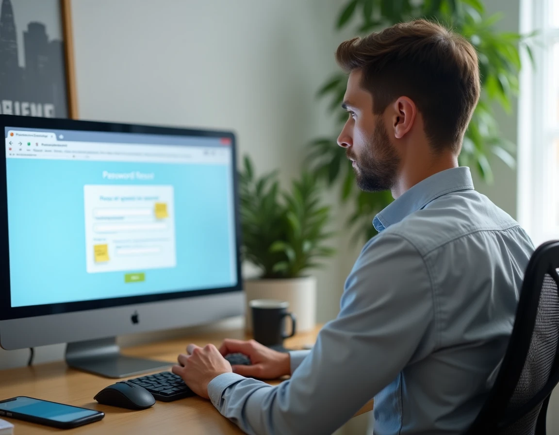 Homme au bureau à domicile en train de réinitialiser son mot de passe sur l'extranet La Poste GTm