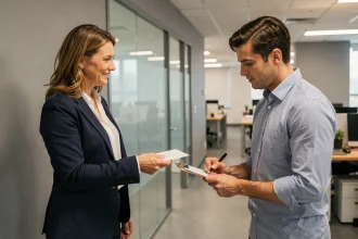 Remise en main propre d'une lettre contre signature dans un couloir de bureau professionnel