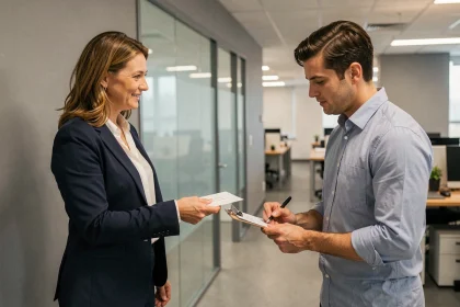 Remise en main propre d'une lettre contre signature dans un couloir de bureau professionnel