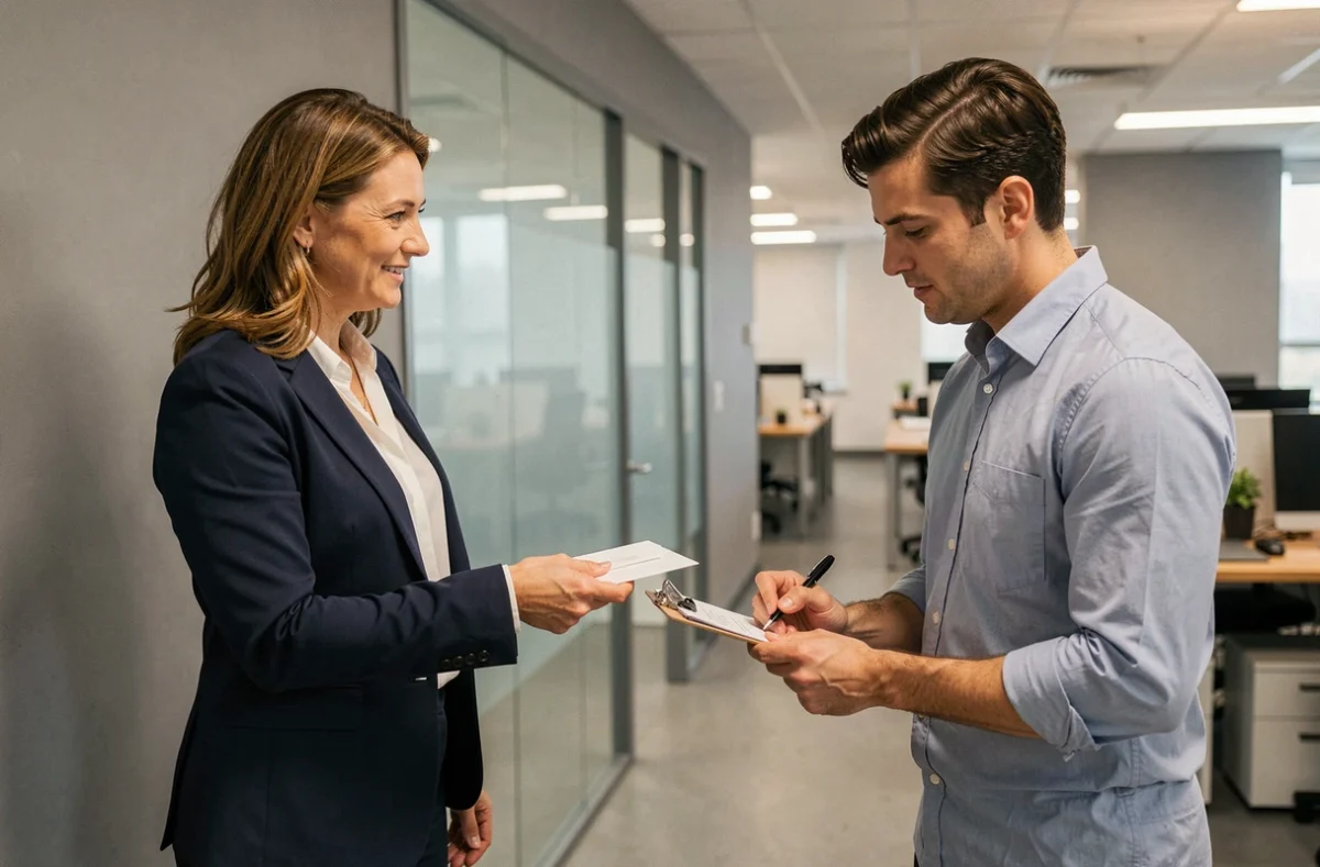 Remise en main propre d'une lettre contre signature dans un couloir de bureau professionnel