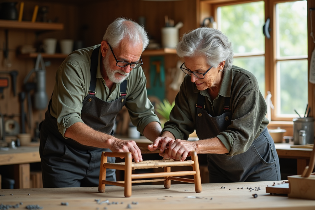 Une femme et un homme réparant une chaise en bois dans un atelier lumineux