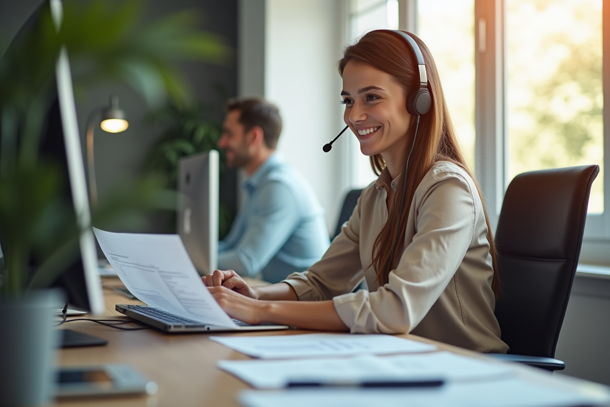 Représentant service client au poste de travail organisé