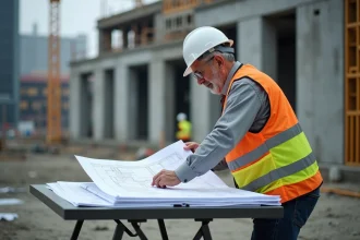 Responsable de chantier Munilla Construction Management examinant des plans architecturaux sur un site de construction avec structures en béton et grues en arrière-plan