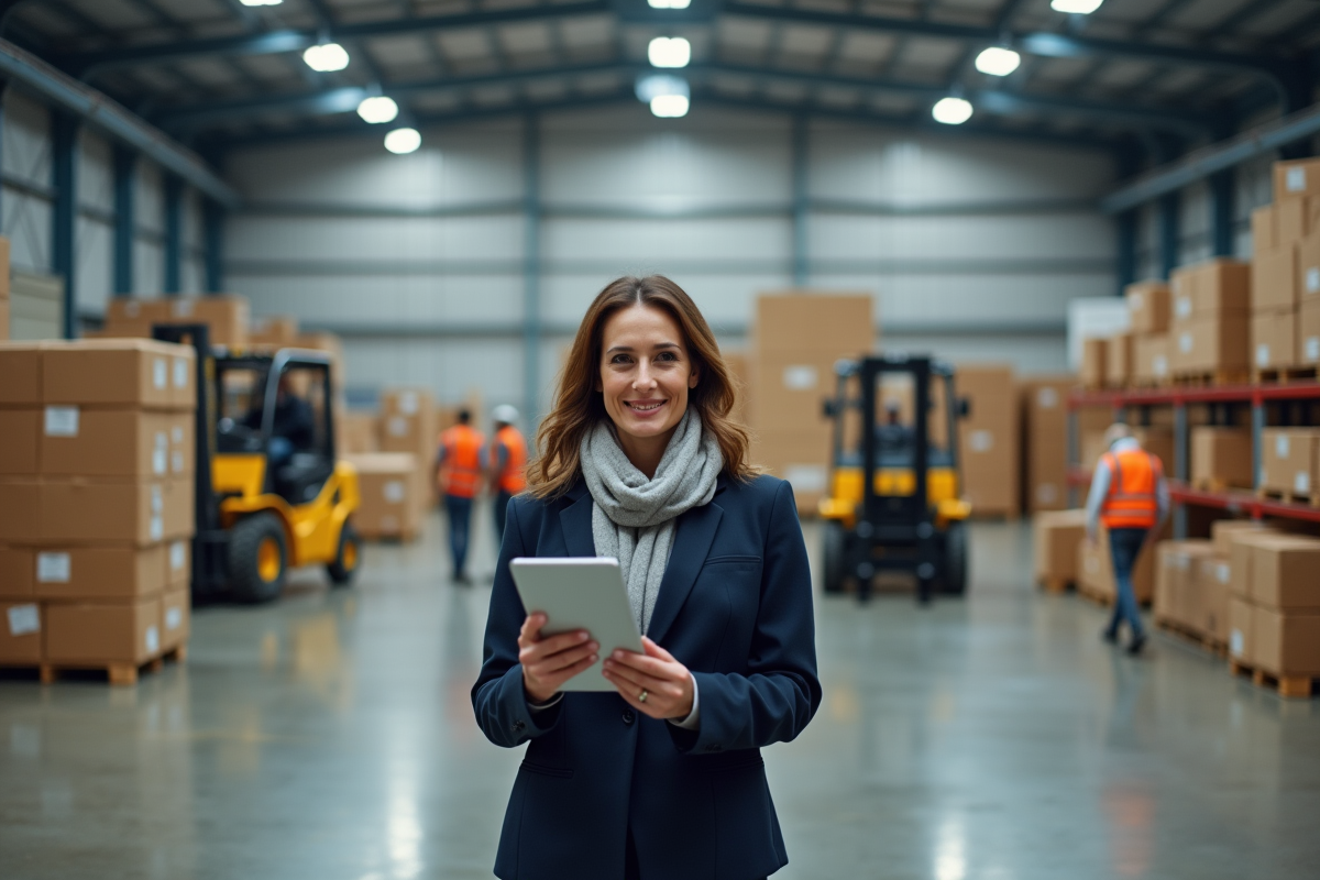 Responsable logistique supervisant un entrepôt animé