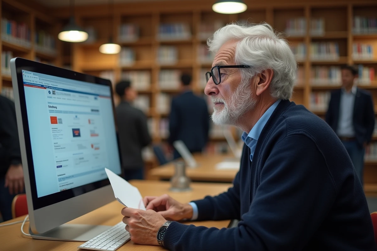 Retraité consultant le portail Malin La Poste sur un ordinateur de bibliothèque publique