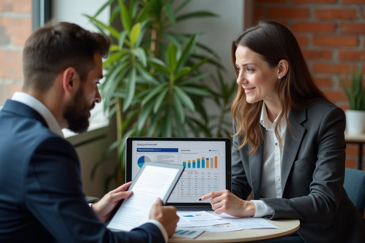 Deux professionnels en réunion analysant le retour d'expérience d'un abonnement B2B en espace de coworking
