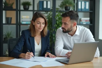 Réunion professionnelle entre un expert-comptable et un conseiller numérique autour de documents financiers dans un bureau moderne