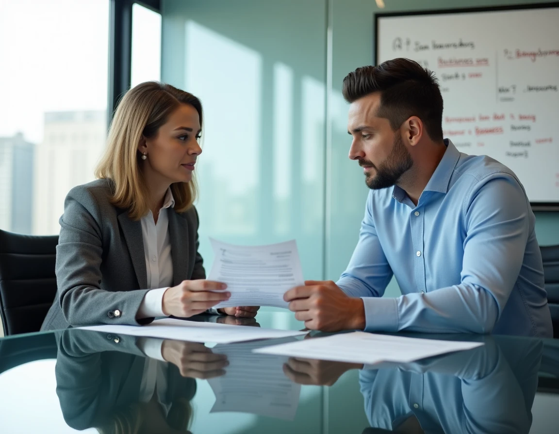 Deux professionnels discutant d'un partenariat entreprise autour d'une brochure dans une salle de réunion moderne