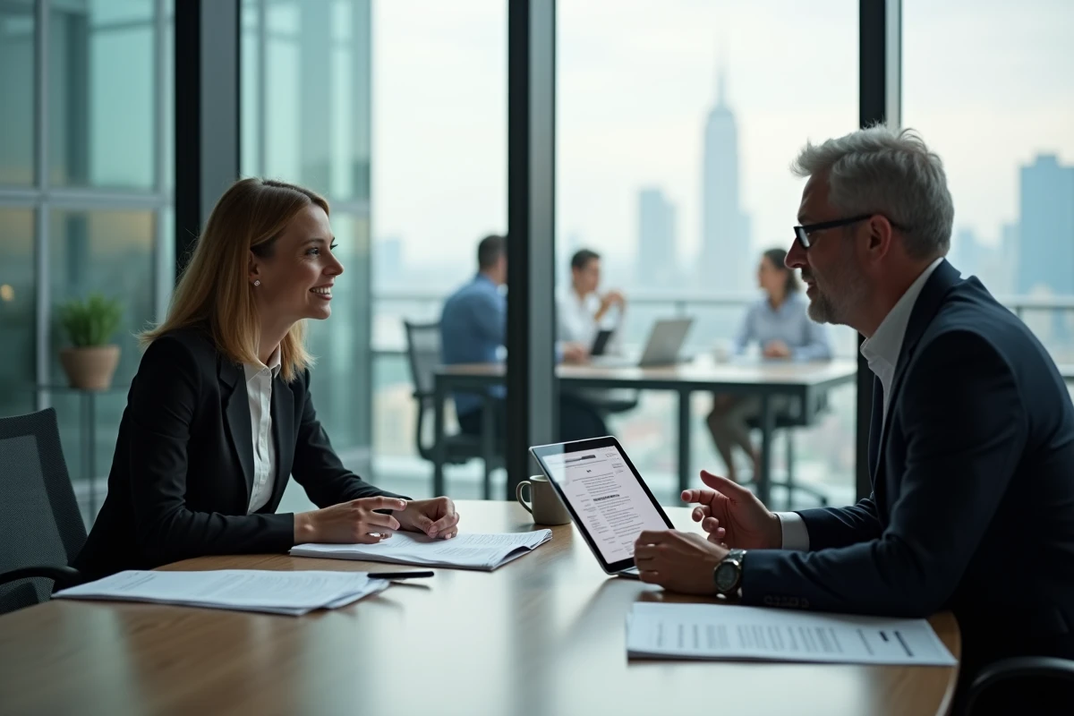 Deux professionnels discutant de la check-list complète pour inscrire leur entreprise sur un annuaire professionnel en ligne