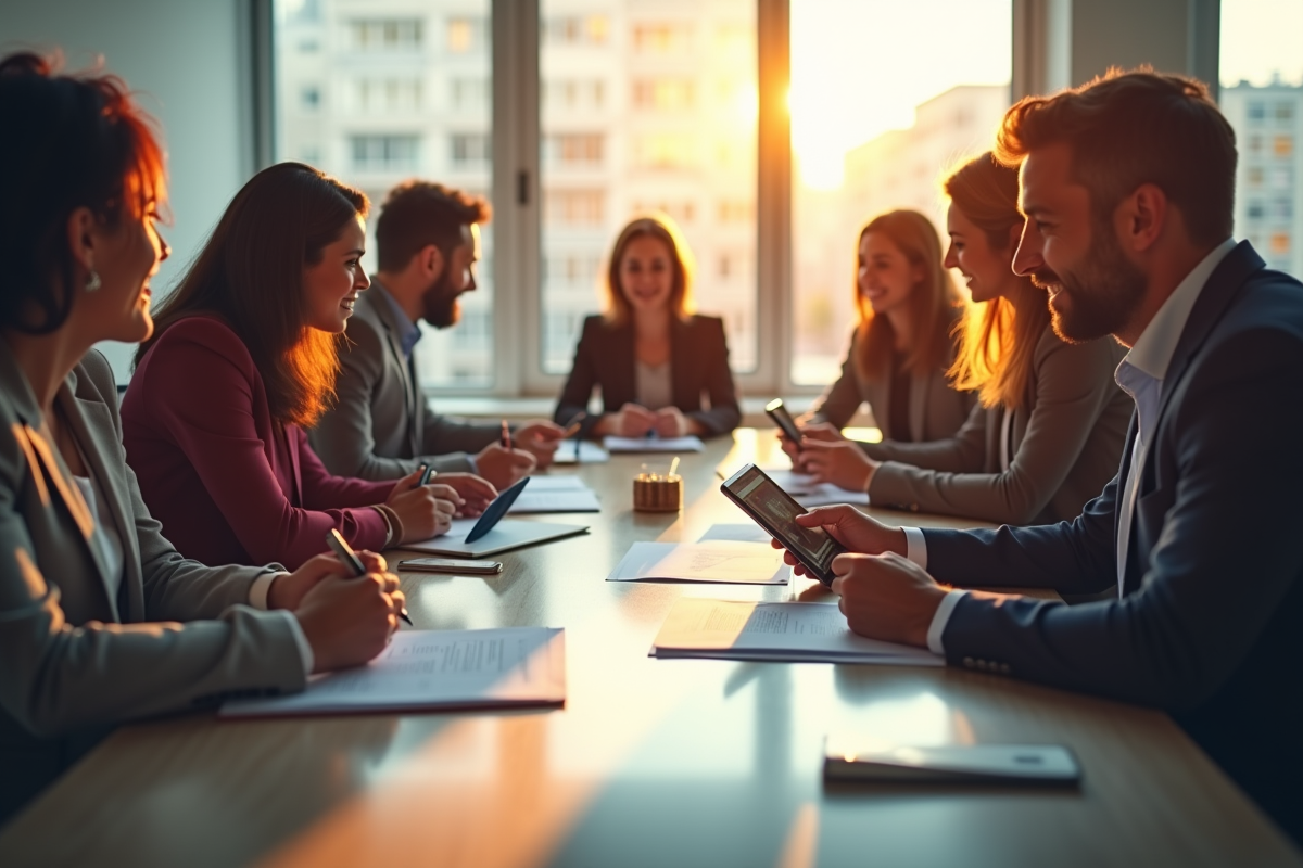 Groupe de professionnels lors d'une réunion de travail ensoleillée