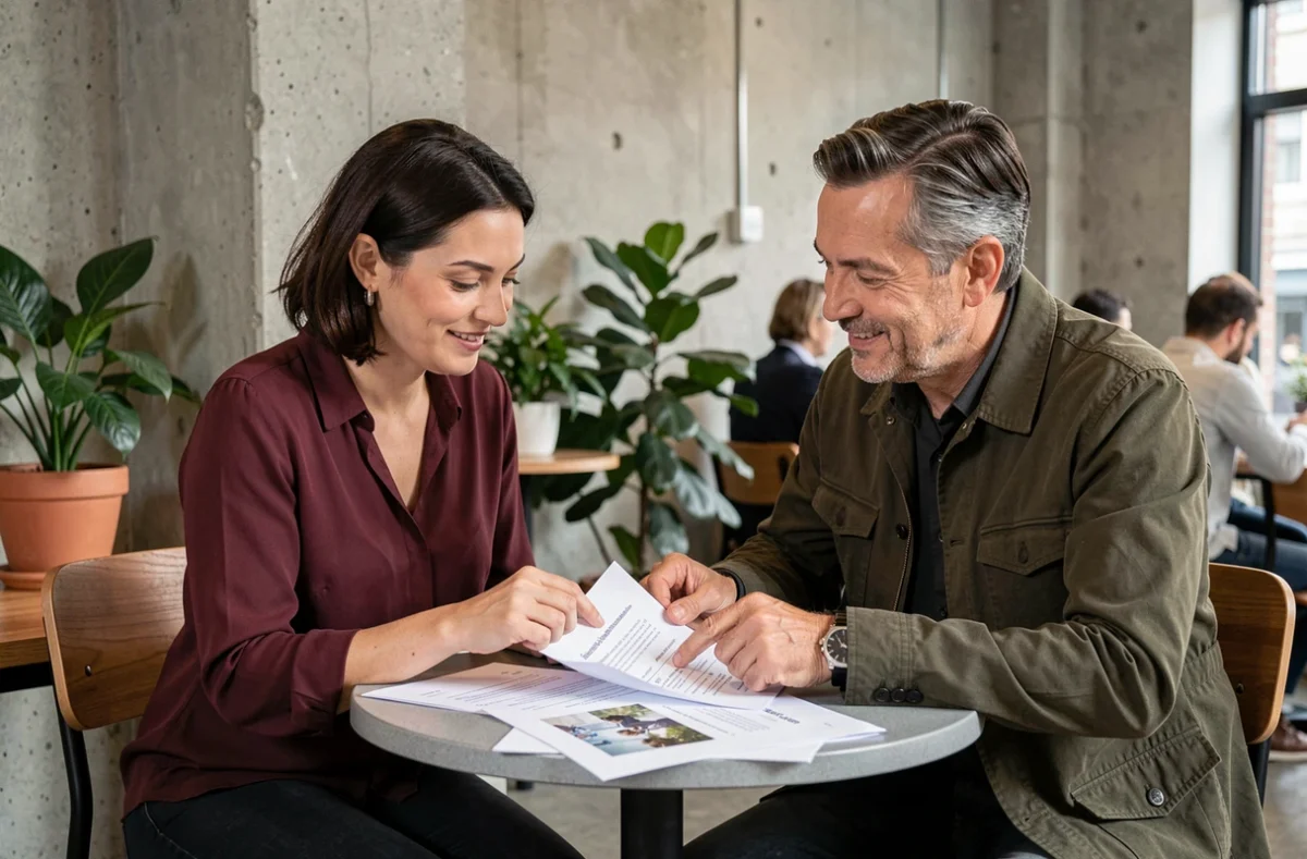 Deux dirigeants de TPE en réunion dans un café coworking pour analyser un audit de site web avant d'investir dans la publicité digitale