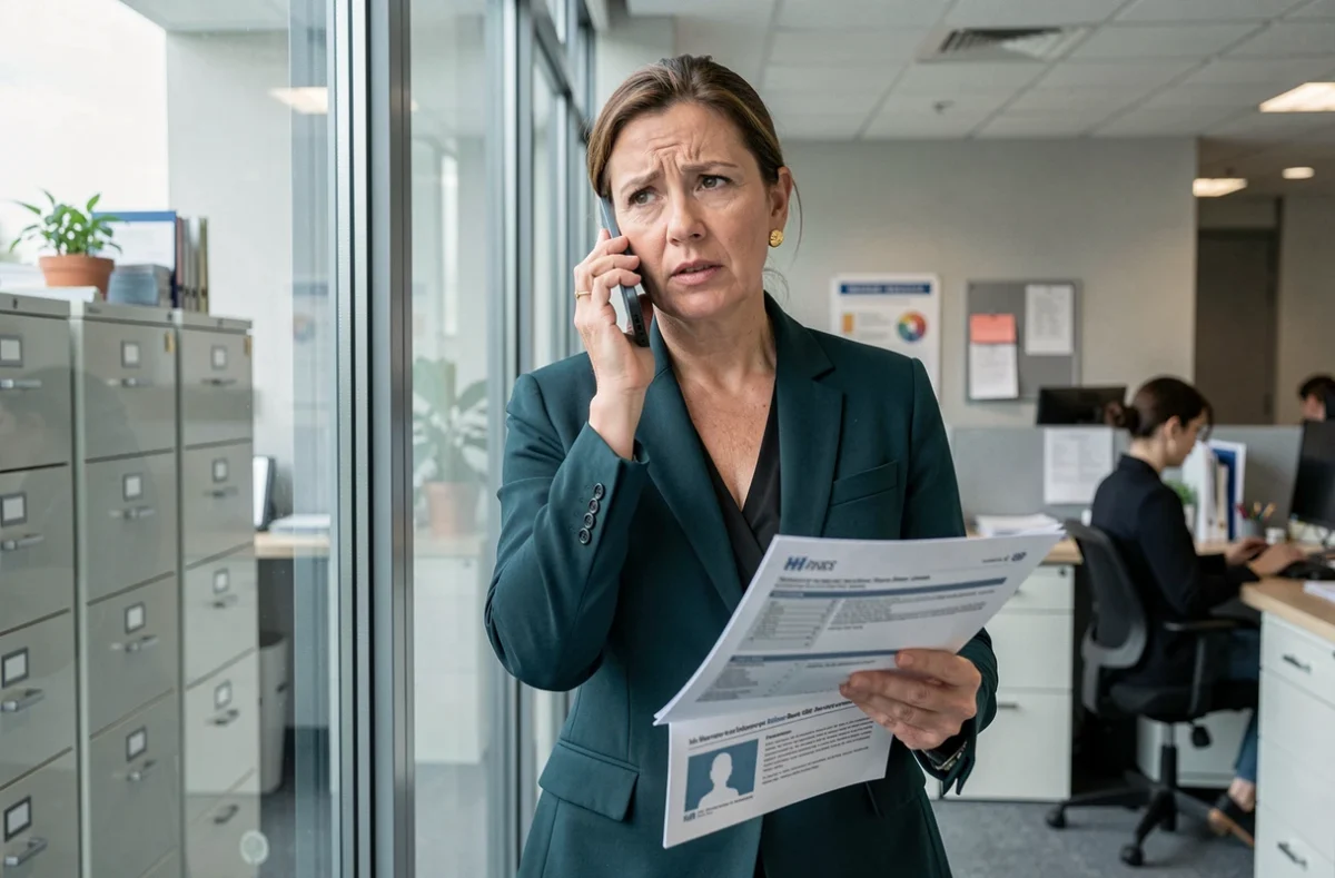 Femme du service RH au téléphone concernant un problème d'avantages non reçus au comité d'entreprise GMF