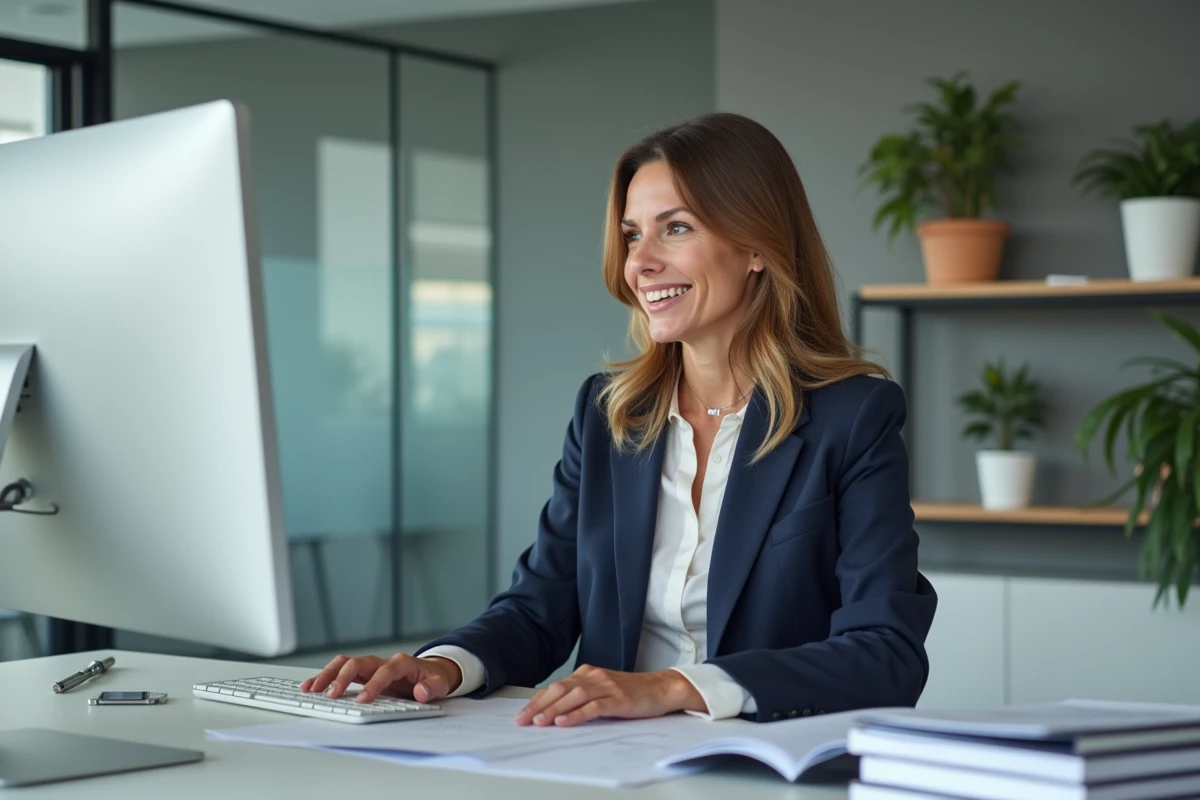 Assistante administrative professionnelle travaillant sur des documents de secrétariat externalisé dans un bureau moderne